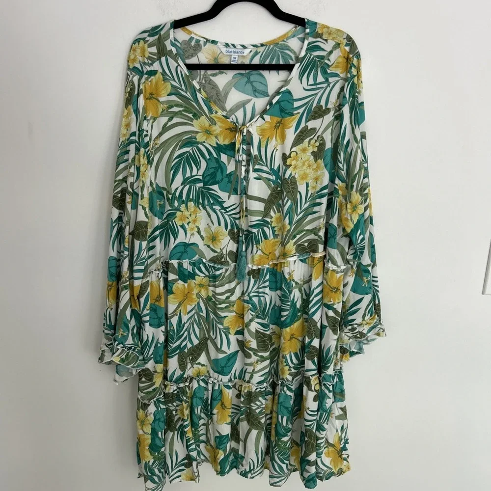 Blue‎ Island Women's 3X Blue Yellow Long Sleeve Tassel Layered Dress  Coastal